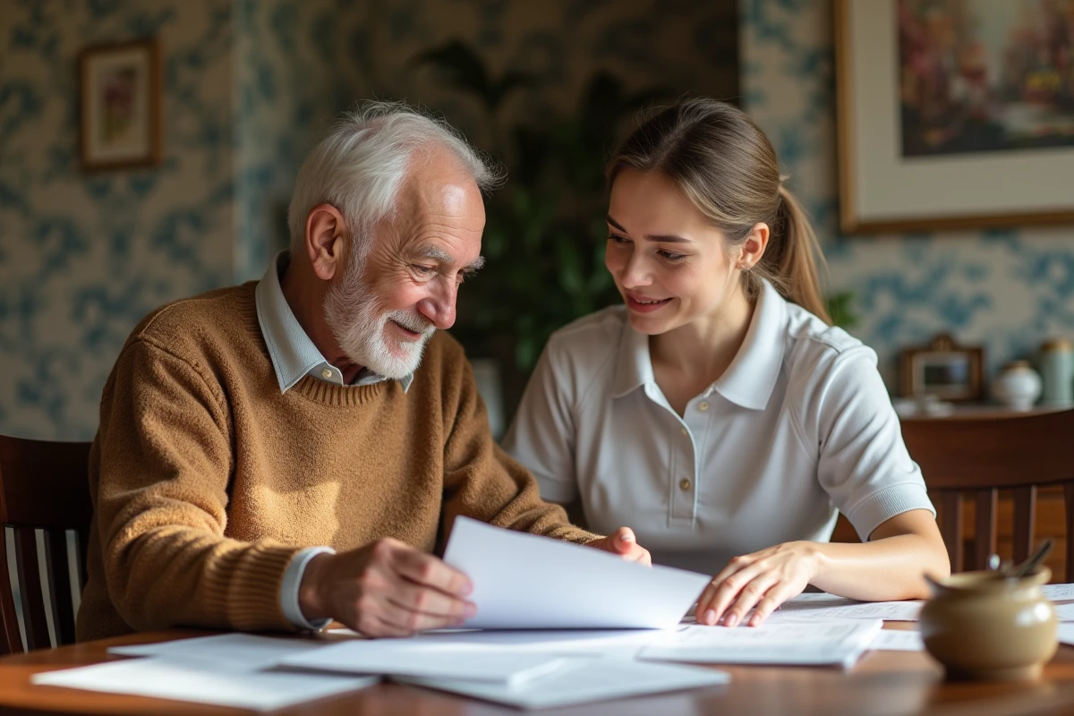 Aide soignante aidant un homme âgé à trier des documents