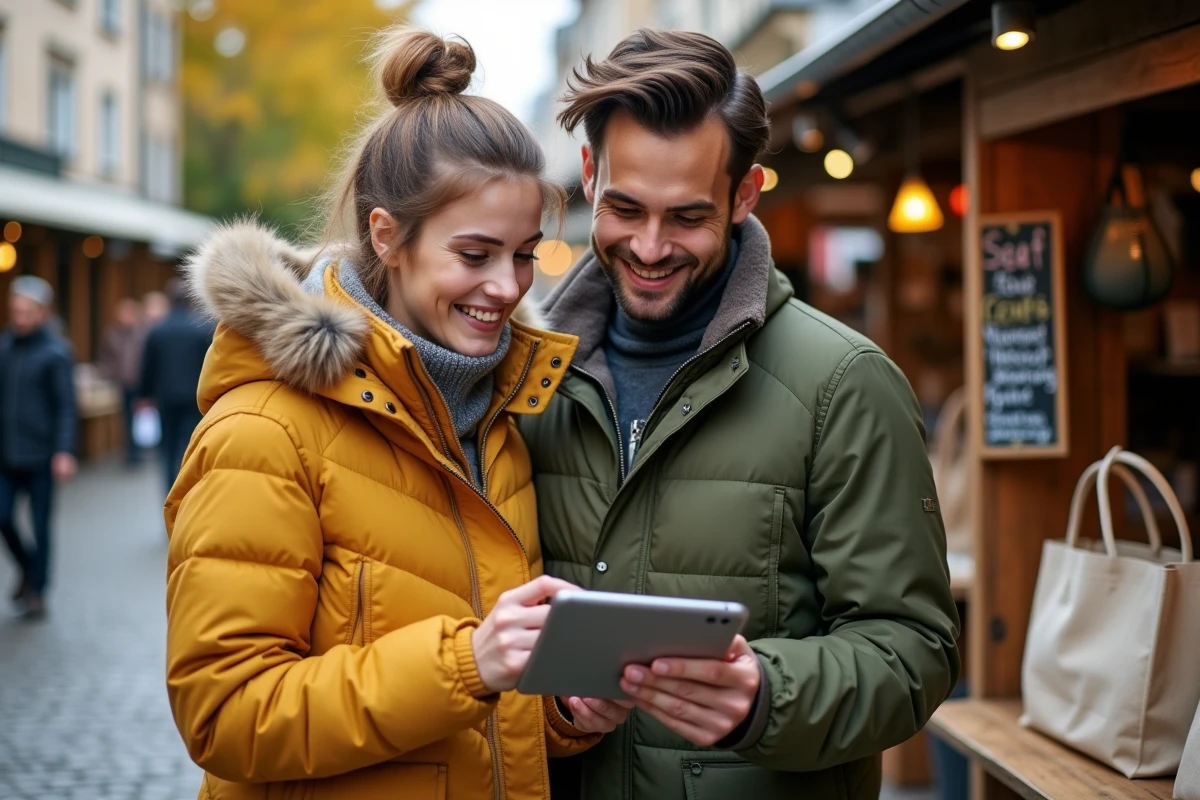 Deux amis découvrant une tablette reconditionnée dans un marché éco-responsable pendant le Black Friday Back Market
