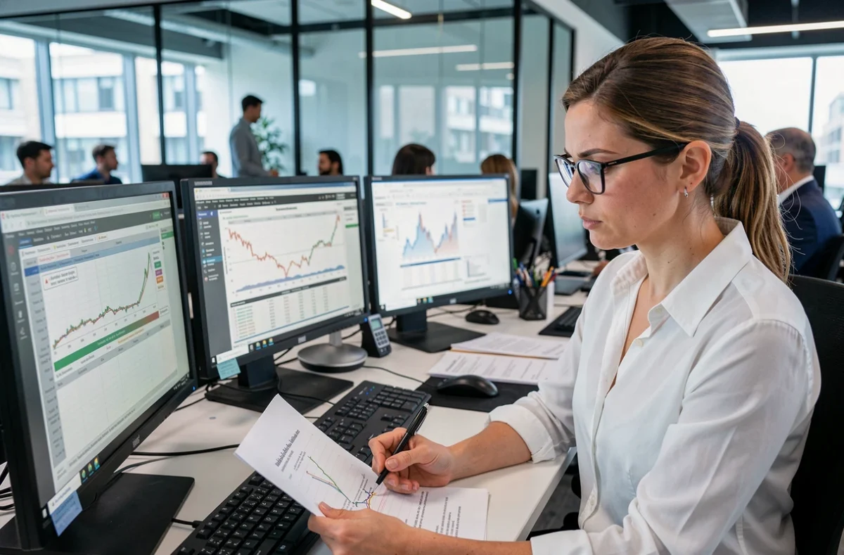 Analyste financière étudiant des rapports d'allocation d'actifs et de valorisation immobilière sur ordinateur dans un cabinet de gestion de patrimoine