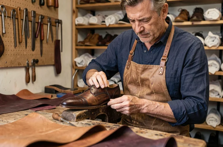 Artisan cordonnier français cousant à la main une chaussure Oxford en cuir dans un atelier parisien traditionnel