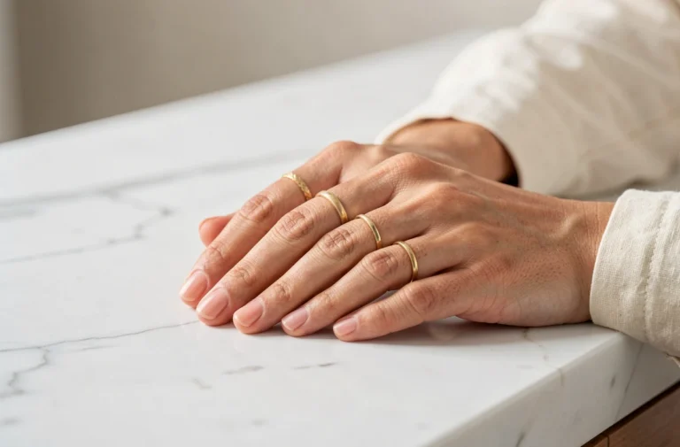 Mains féminines soignées ornées de bagues en or sur différents doigts posées sur un marbre blanc