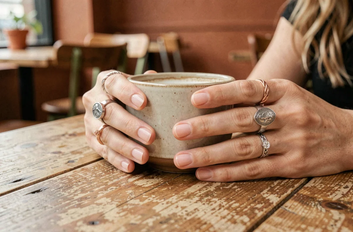 Mains portant des bagues mixtes argent et or rose autour d'une tasse en céramique dans un café