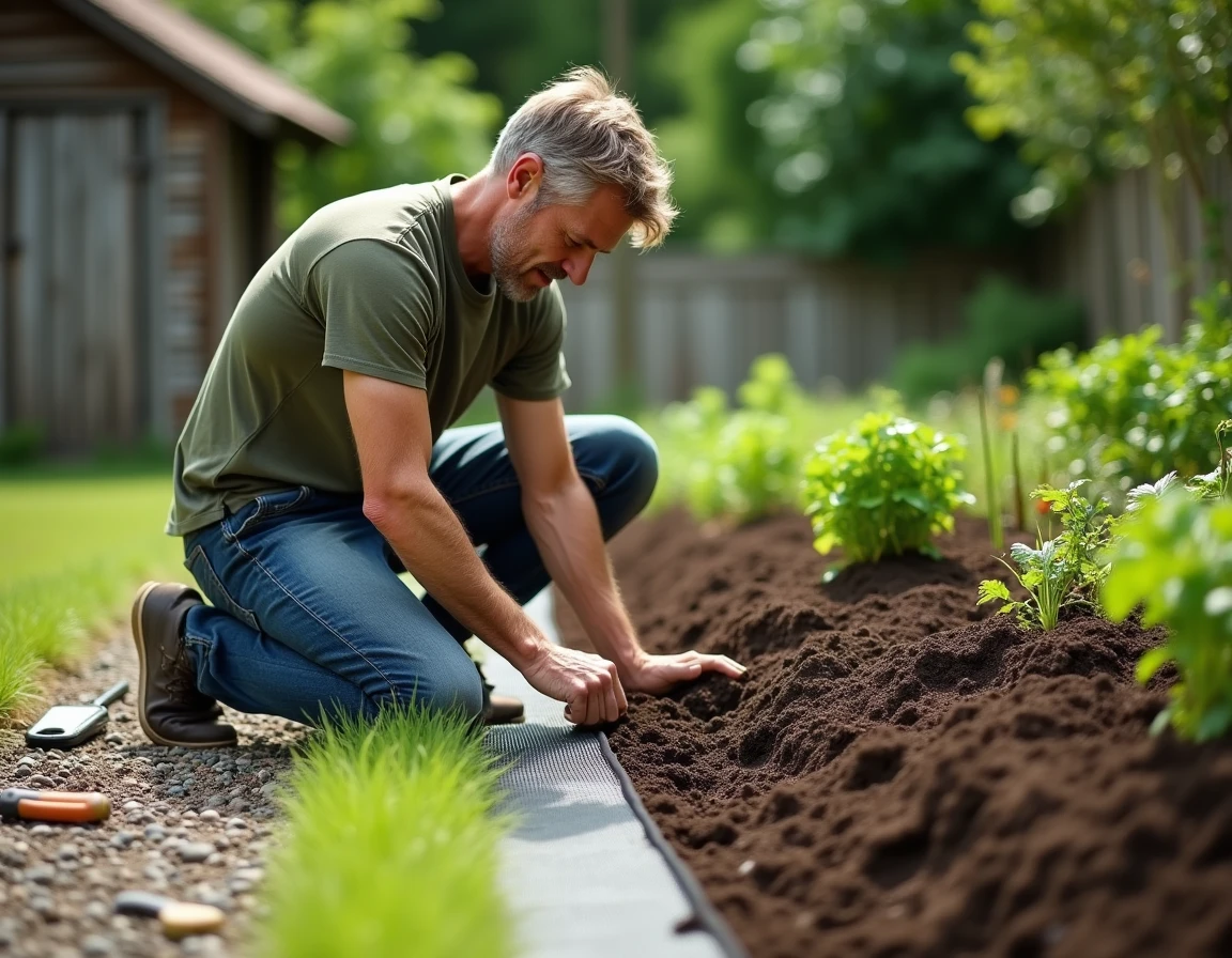 Homme installant une barrière anti-racines autour d'un tas de compost naturel dans un potager