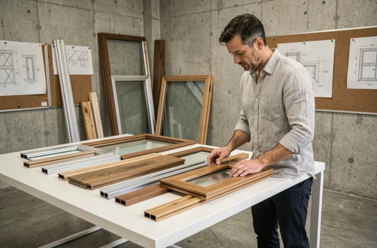 Architecte examinant des échantillons de menuiseries en bois et aluminium dans un studio d'architecture contemporain