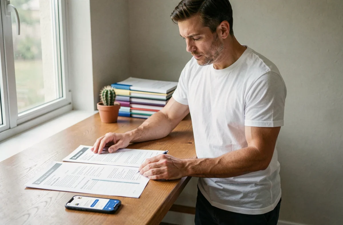 Homme comparant des annonces de location vacances imprimées et une application mobile pour trouver un logement fiable