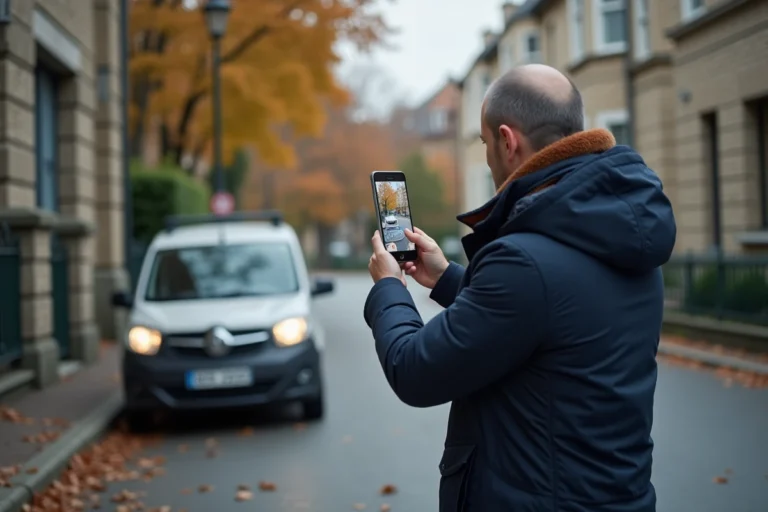 Homme prenant en photo un véhicule avec un smartphone