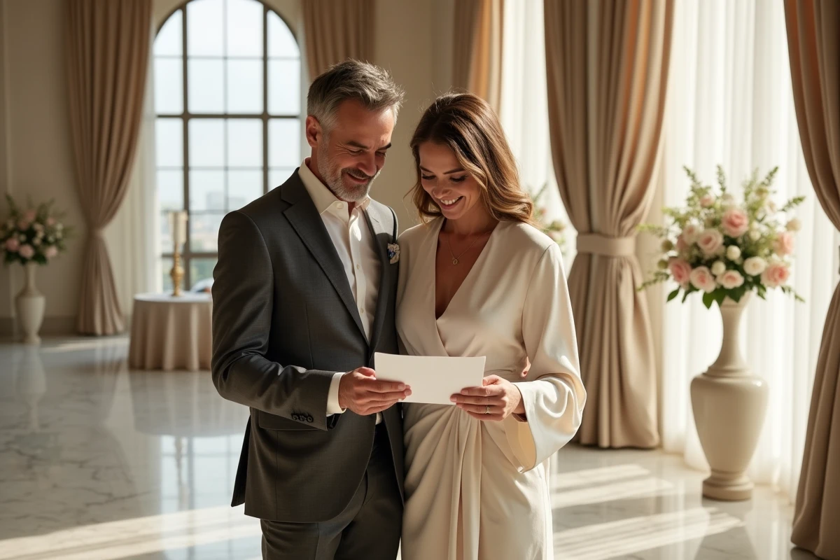 Couple élégant dans un lieu de réception luxueux consultant les préparatifs de leur mariage prévu, marbre et fleurs en arrière-plan
