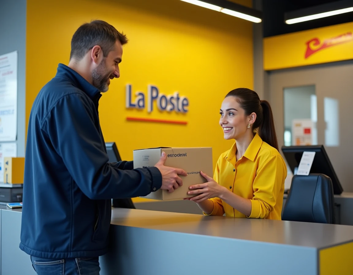 Client remettant un colis Chronopost à un guichet de La Poste à un employé en uniforme jaune