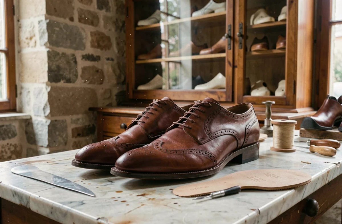 Paire de derbies artisanales en cuir marron posée sur un comptoir en marbre dans une boutique lyonnaise