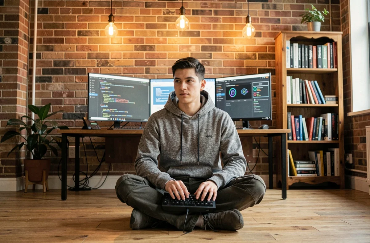 Développeur travaillant sur une interface d'intelligence artificielle dans un loft de startup moderne