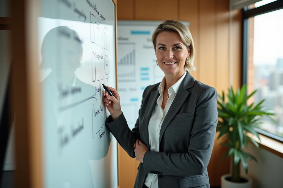 Femme dirigeante présentant une stratégie éthique d'entreprise devant un tableau blanc avec des notes et icônes de durabilité