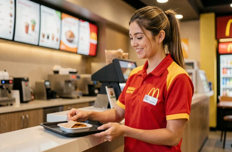 Employée McDonald's en uniforme derrière le comptoir, illustrant les conditions de travail et la grille de salaire dans la restauration rapide