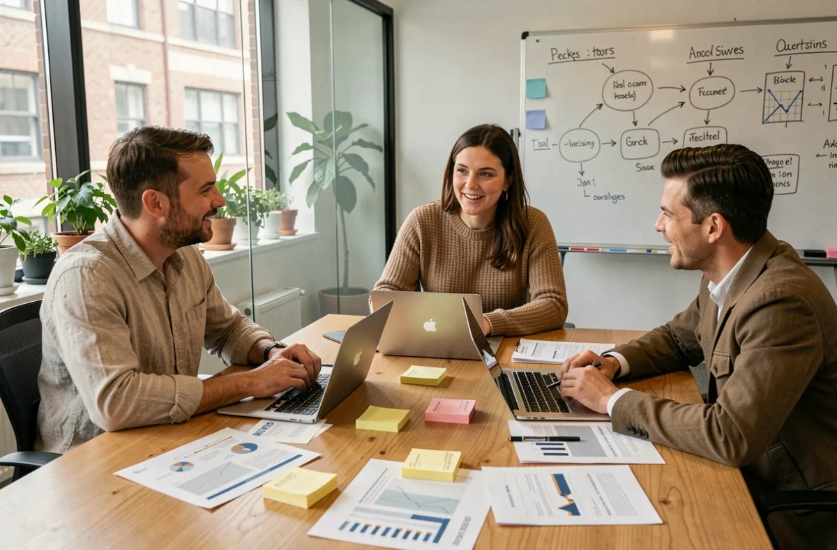 Équipe de professionnels en réunion stratégique autour d'une table de conférence moderne, collaboration et innovation en entreprise 2024