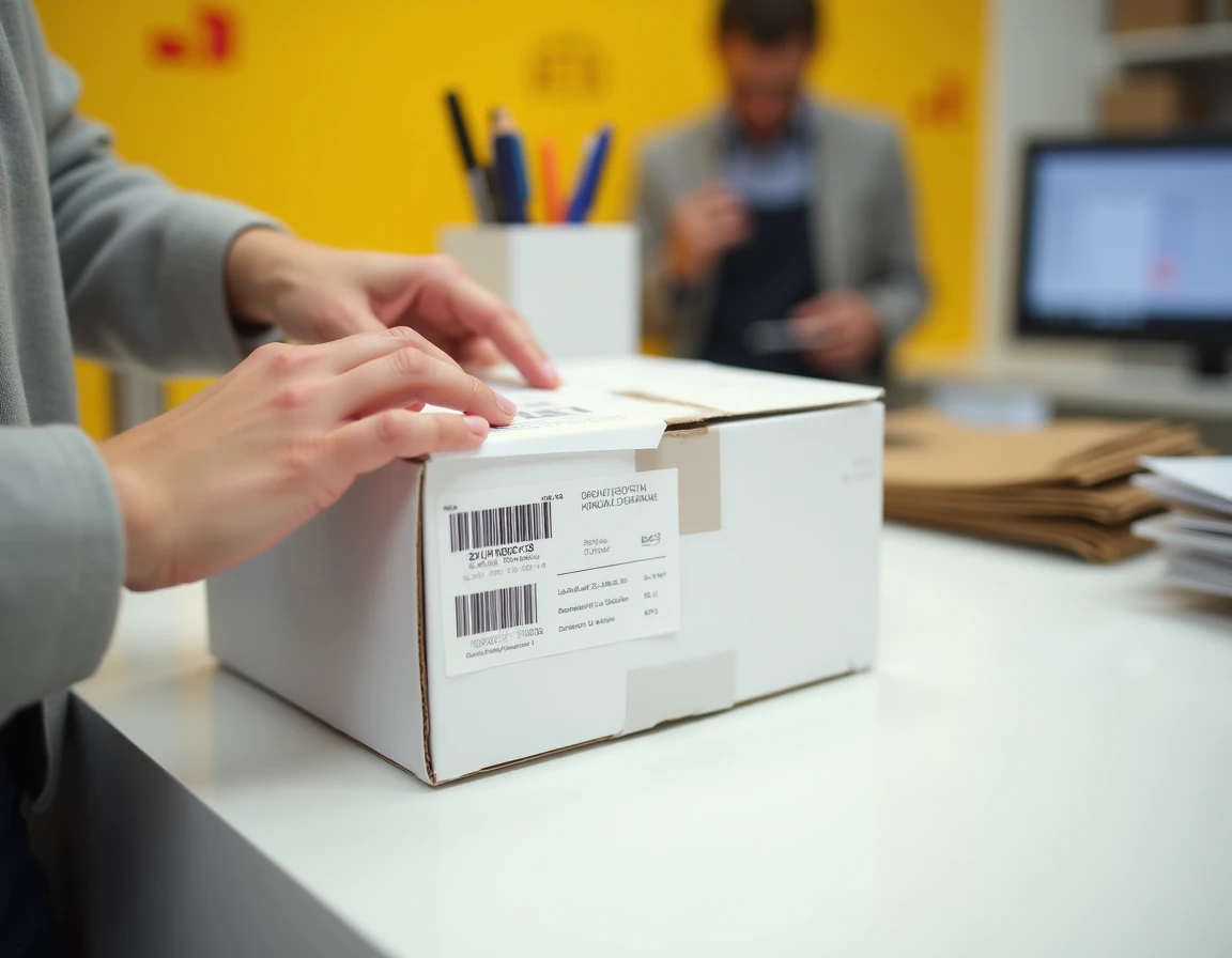 Gros plan sur l'apposition d'une étiquette d'envoi Chronopost sur un colis dans un bureau de La Poste