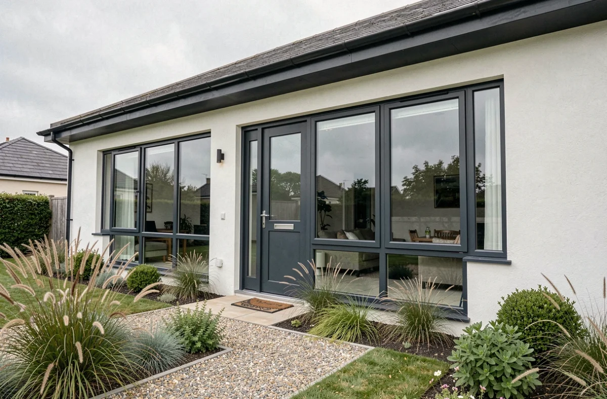 Façade de maison moderne avec grandes fenêtres en aluminium anthracite et triple vitrage
