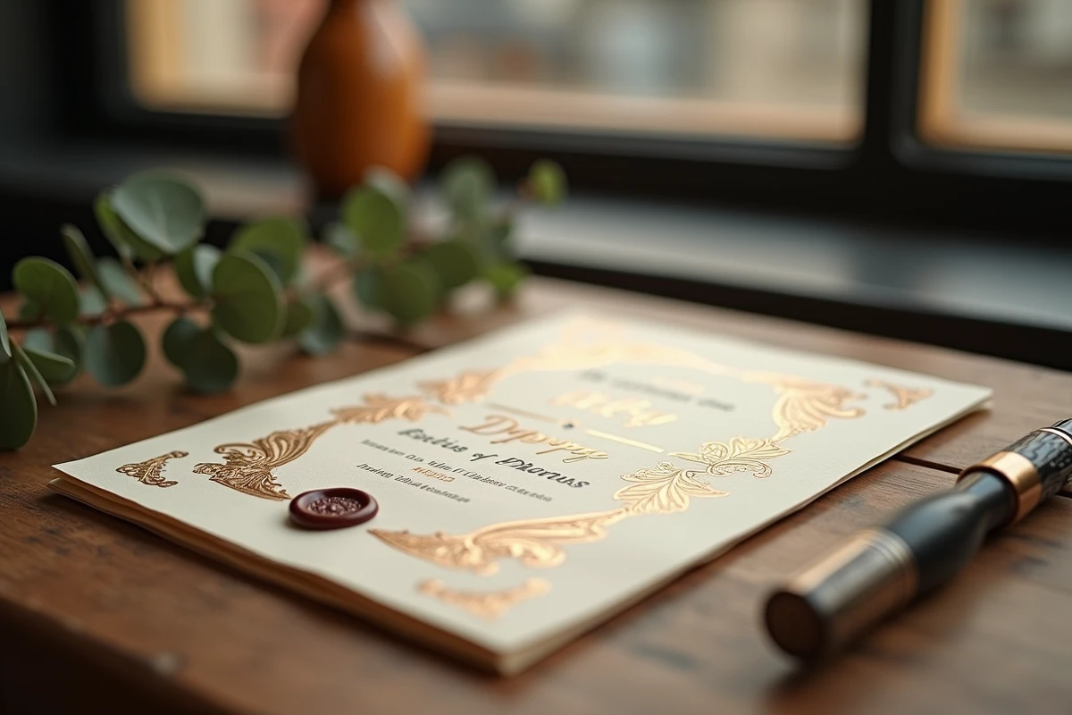 Faire-part de mariage élégant en carton ivoire avec calligraphie dorée et cachet de cire sur une table en chêne dans un cadre parisien