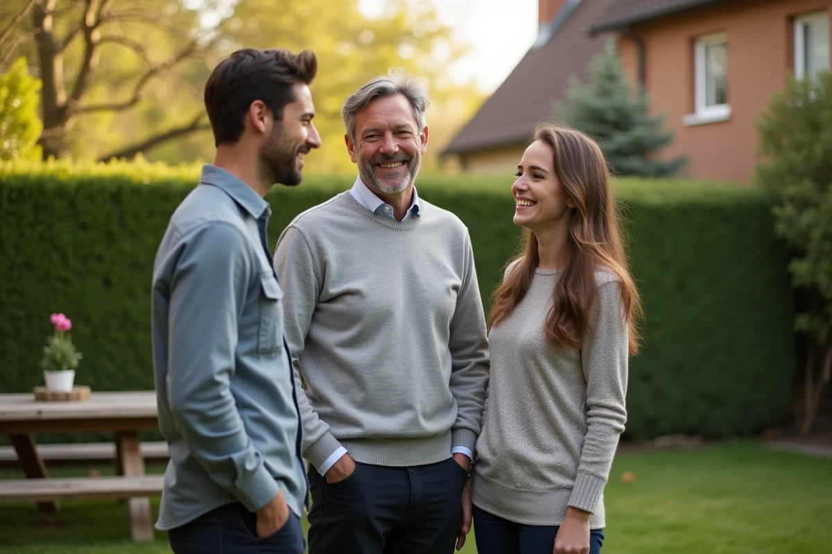 Homme en famille dans un jardin avec ses enfants adultes lors d'un moment convivial
