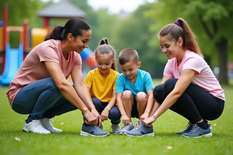Famille de quatre en plein sport dans un parc vert
