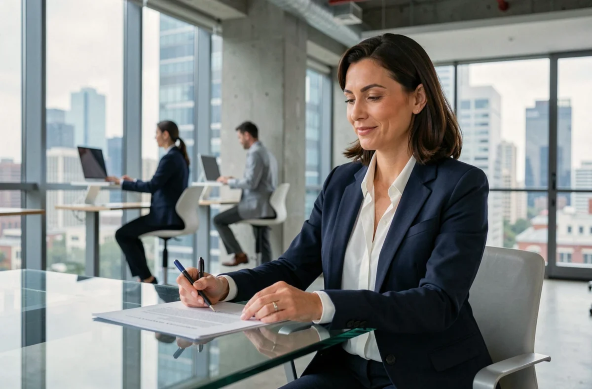 Femme d'affaires confiante en blazer marine analysant des documents dans un bureau moderne en open space, tendances business 2024