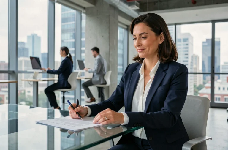 Femme d'affaires confiante en blazer marine analysant des documents dans un bureau moderne en open space, tendances business 2024