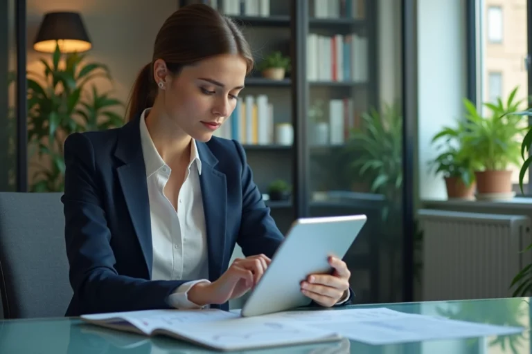 Femme d'affaires analysant des données sur une tablette dans un bureau moderne