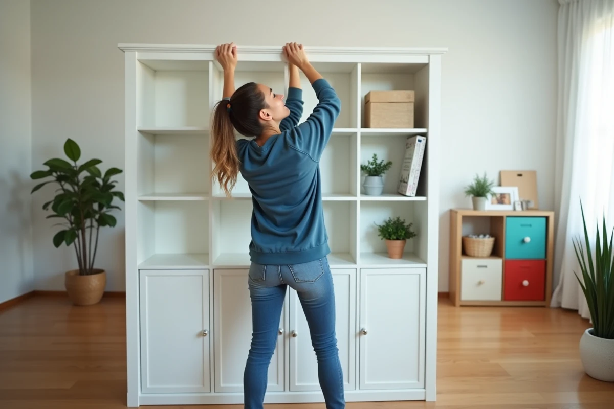 Jeune femme assemblant une étagère dans un salon lumineux