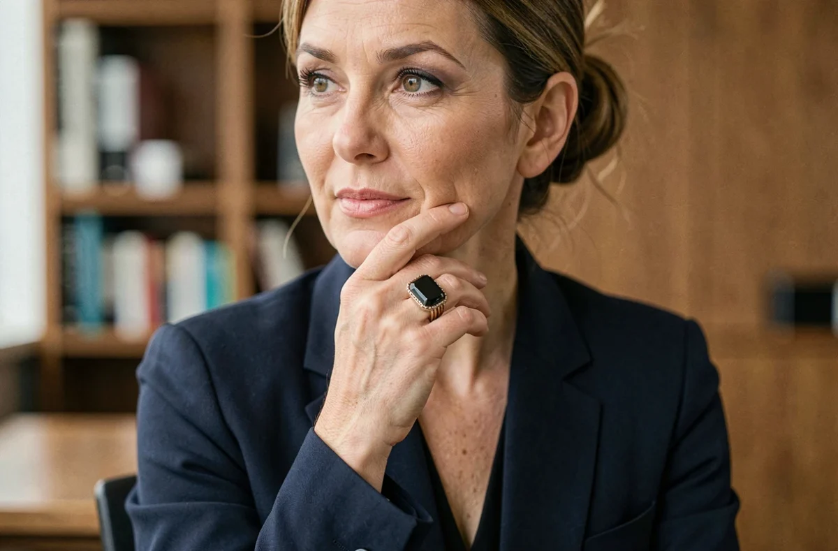 Femme élégante en blazer marine portant une bague statement au majeur dans un intérieur moderne