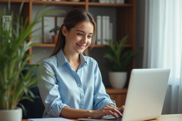 Jeune femme au bureau à domicile travaillant sur son ordinateur