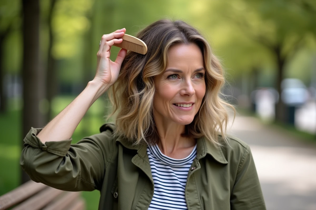 Femme qui démêle ses cheveux ondulés non lavés dans un parc, routine capillaire naturelle et espacer les lavages