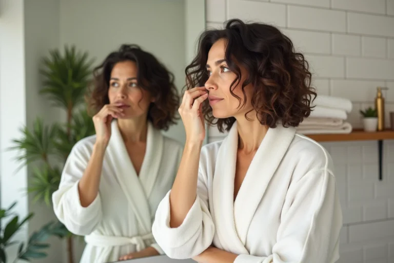 Femme examinant ses cheveux non lavés dans un miroir de salle de bain, conseils pour espacer les shampoings