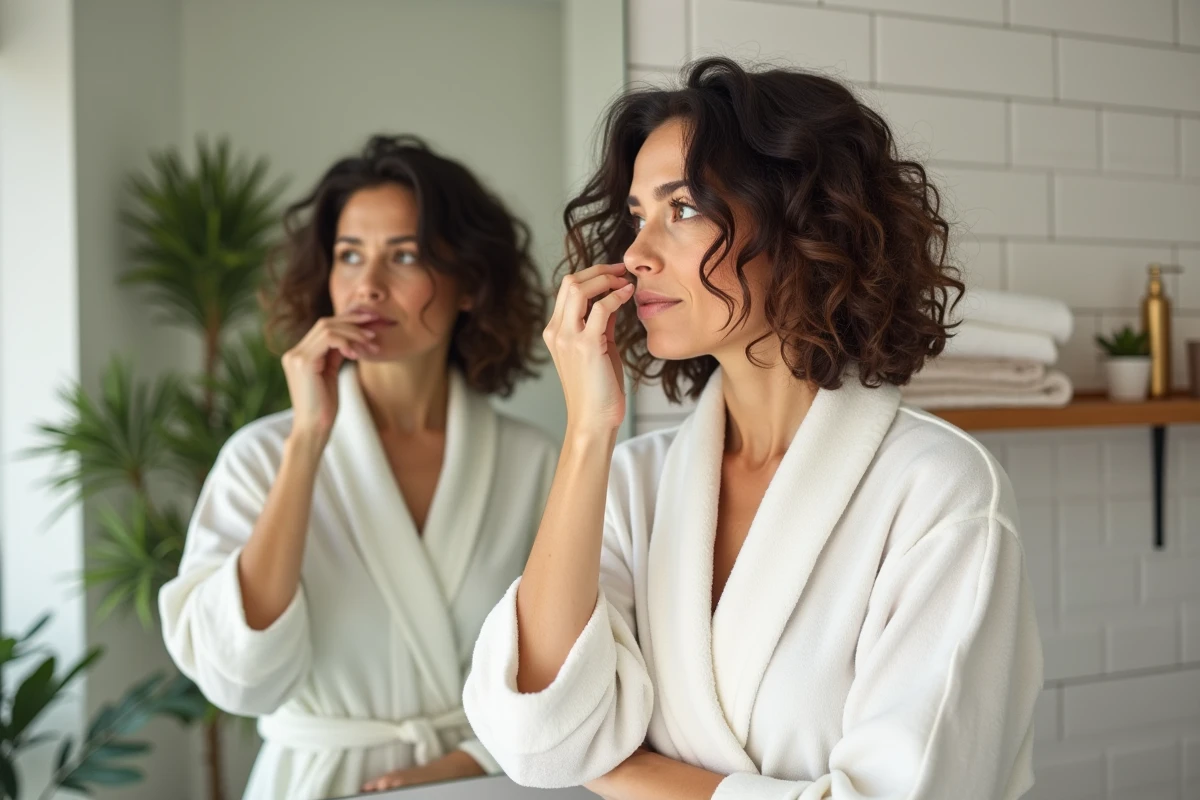 Femme examinant ses cheveux non lavés dans un miroir de salle de bain, conseils pour espacer les shampoings