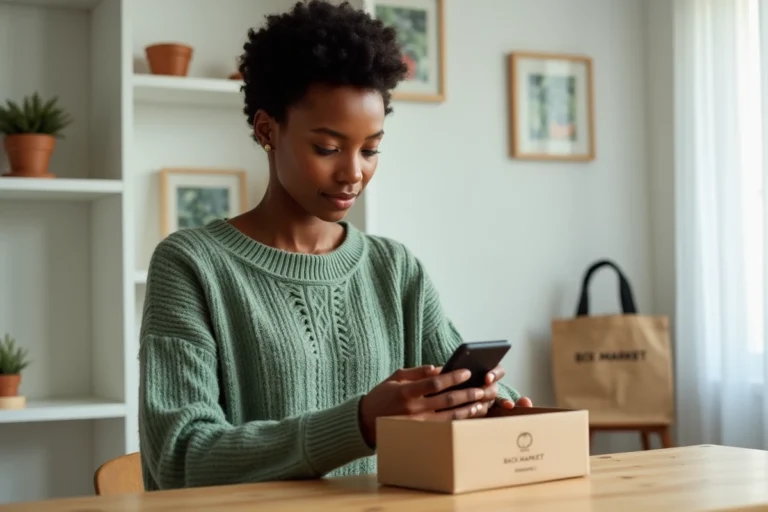 Femme déballant un smartphone reconditionné acheté sur Back Market lors du Black Friday éco-responsable