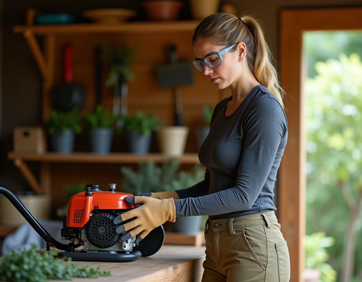 Femme examinant attentivement le moteur d'une débroussailleuse thermique posée sur un établi dans un atelier de jardin