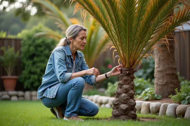 Femme d'âge moyen examine un palmier en jardin