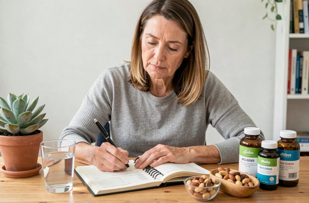 Femme consultant un journal de nutrition et des compléments alimentaires à son bureau pour suivre son programme minceur