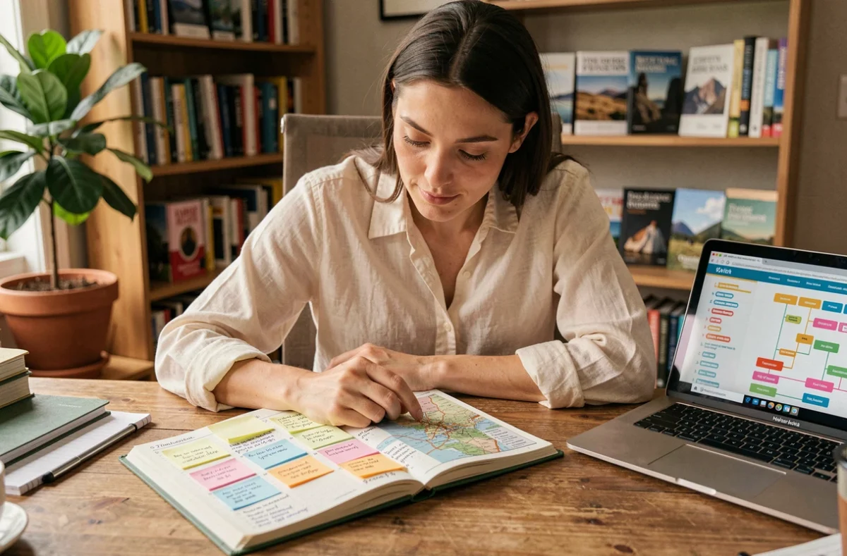 Femme organisant son voyage avec un carnet de planification et une carte sur un bureau en bois