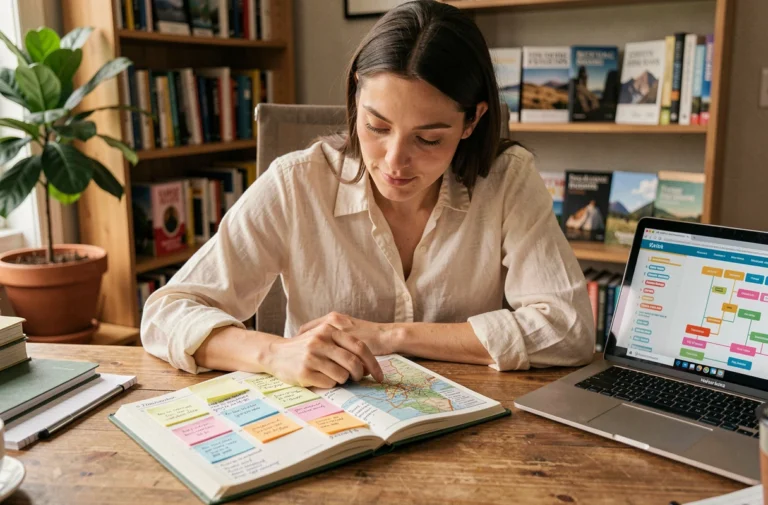 Femme organisant son voyage avec un carnet de planification et une carte sur un bureau en bois