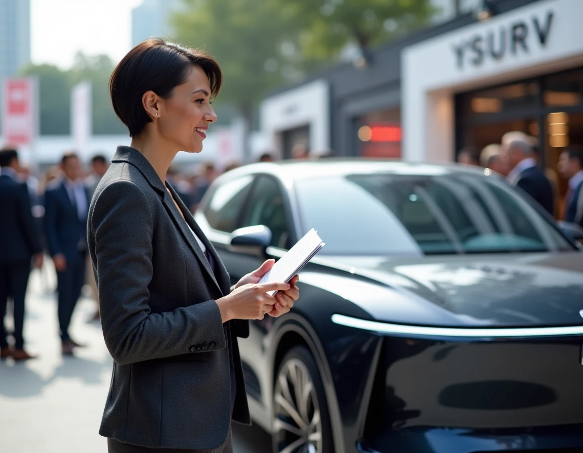 Femme passionnée d'automobile découvrant un SUV électrique lors d'un salon automobile en 2024