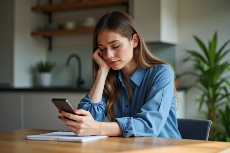 Femme pensant avec smartphone dans cuisine moderne