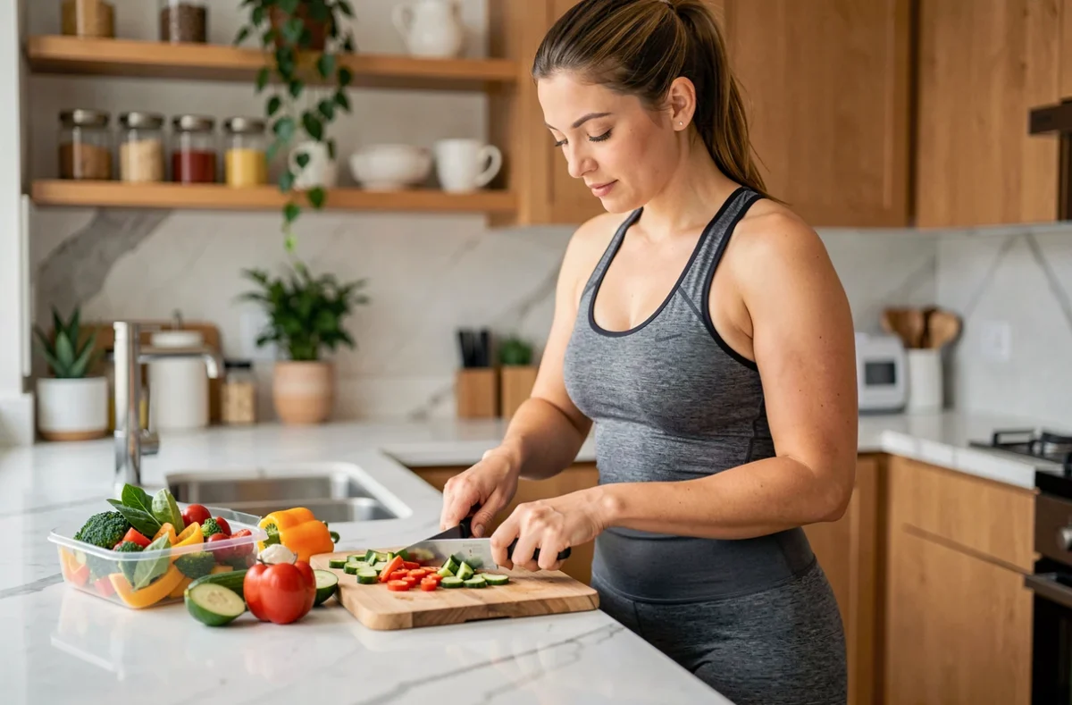 Femme préparant un repas sain et équilibré dans une cuisine moderne dans le cadre d'un programme minceur