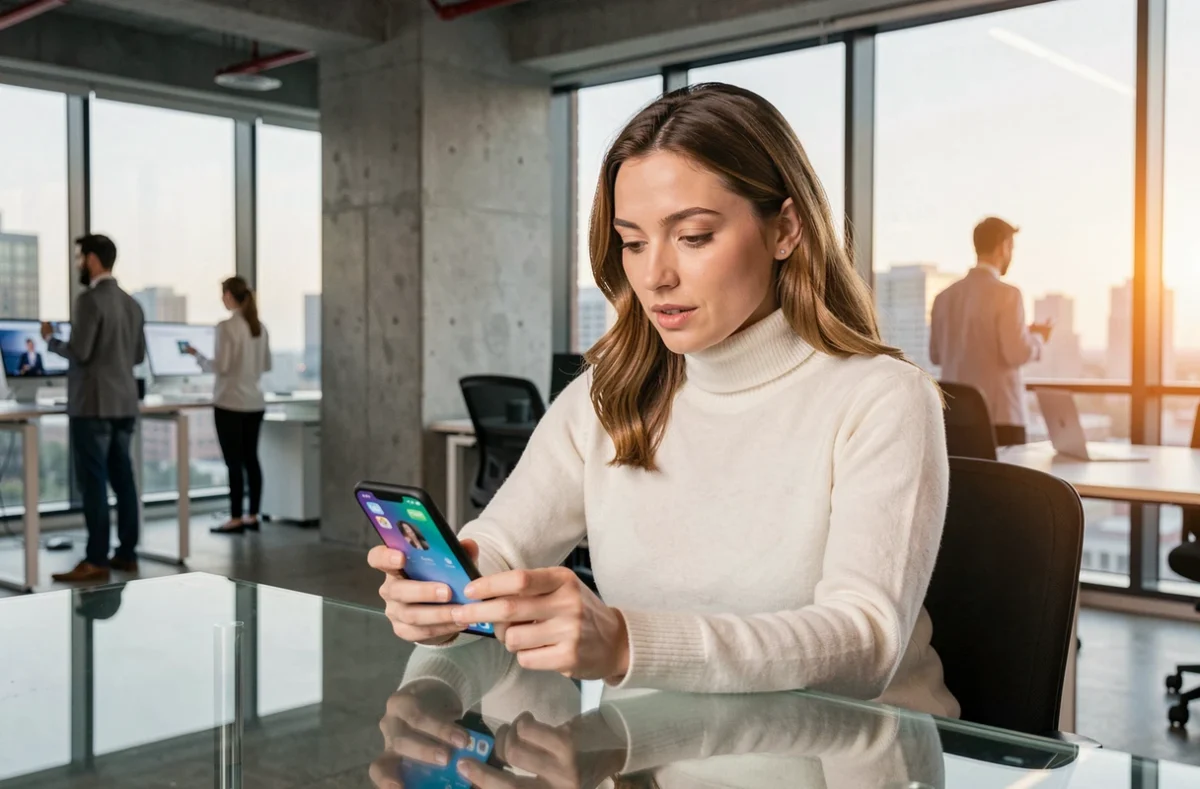 Femme professionnelle utilisant un smartphone pliable dans un bureau high-tech moderne en 2024
