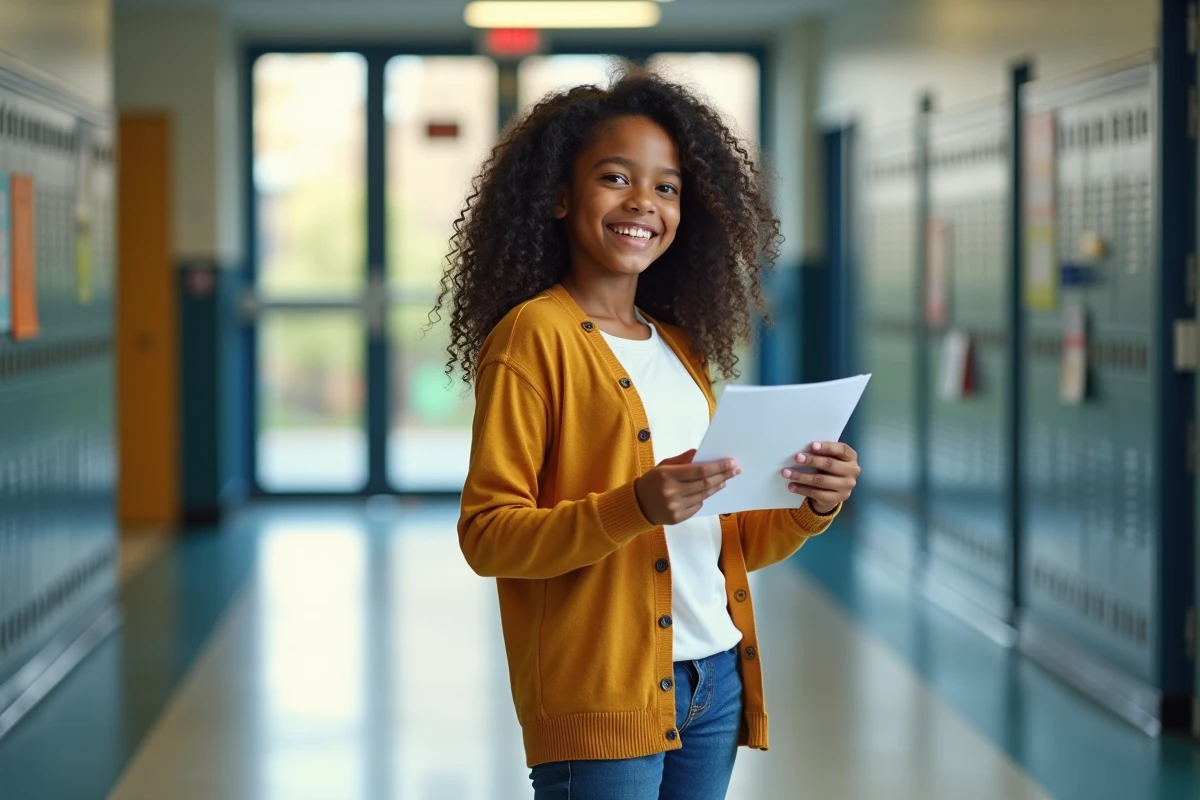 Fille de 13 ans dans le couloir scolaire regarde une fiche