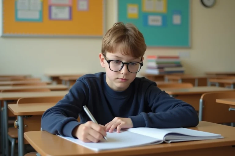 Garçon de 12 ans à l'école écrit dans un cahier