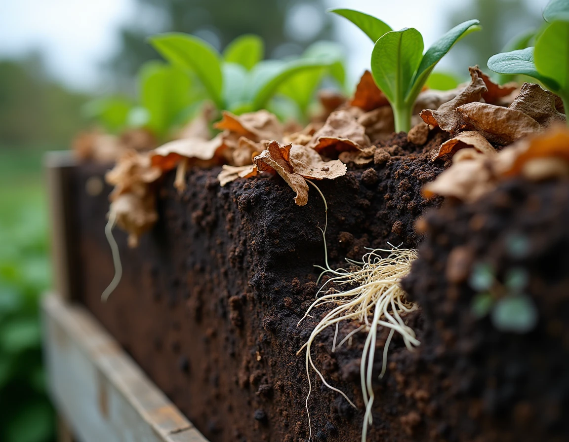 Gros plan sur des racines fines envahissant les couches intérieures d'un compost naturel en décomposition
