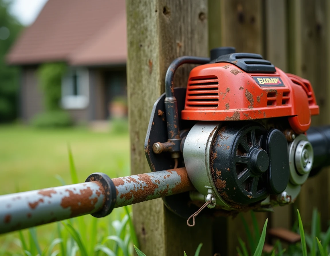 Gros plan sur la tête de coupe d'une débroussailleuse thermique appuyée contre une clôture en bois dans un jardin
