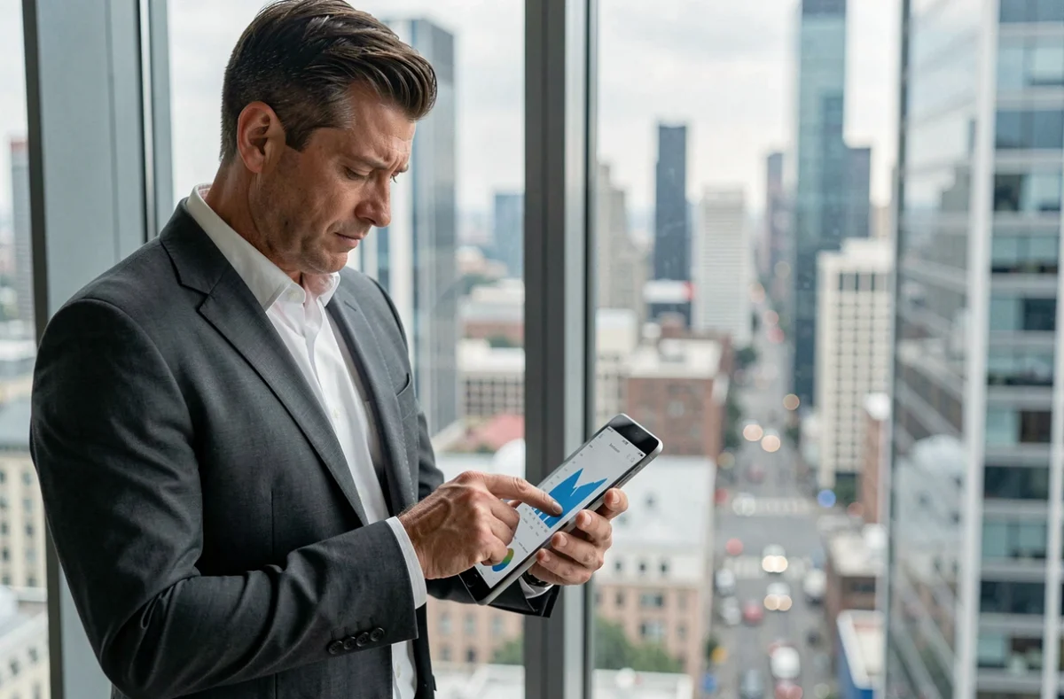 Homme d'affaires en costume gris consultant des données analytiques sur tablette devant une vue panoramique urbaine, succès professionnel 2024