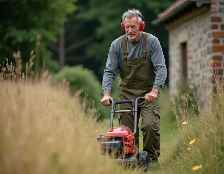 Homme utilisant une débroussailleuse thermique pour entretenir les bordures d'un jardin envahi par la végétation