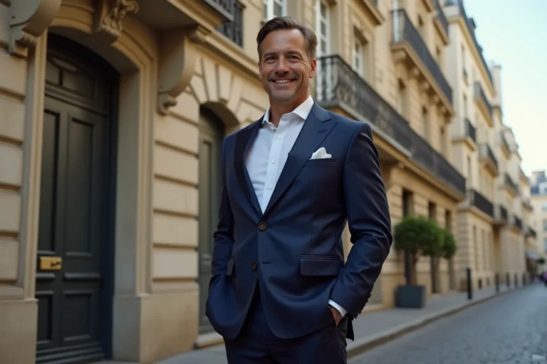 Homme élégant en costume bleu marine devant un immeuble parisien haussmannien, évoquant un mariage ou une grande célébration en 2026