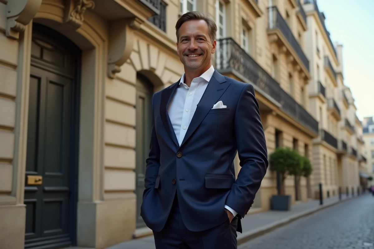 Homme élégant en costume bleu marine devant un immeuble parisien haussmannien, évoquant un mariage ou une grande célébration en 2026