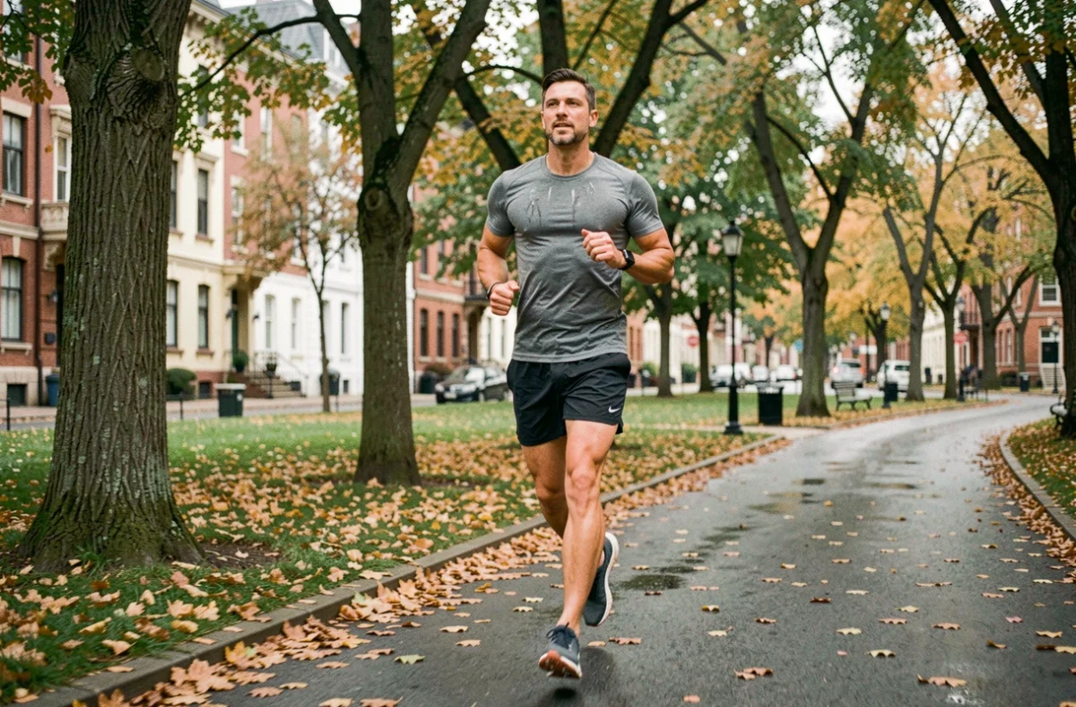 Homme qui fait du jogging en plein air dans un parc urbain en automne pour perdre du poids